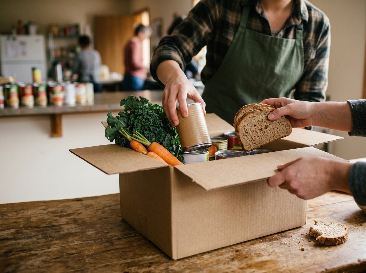 Hands placing fresh produce, bread, and canned goods into a grocery box.