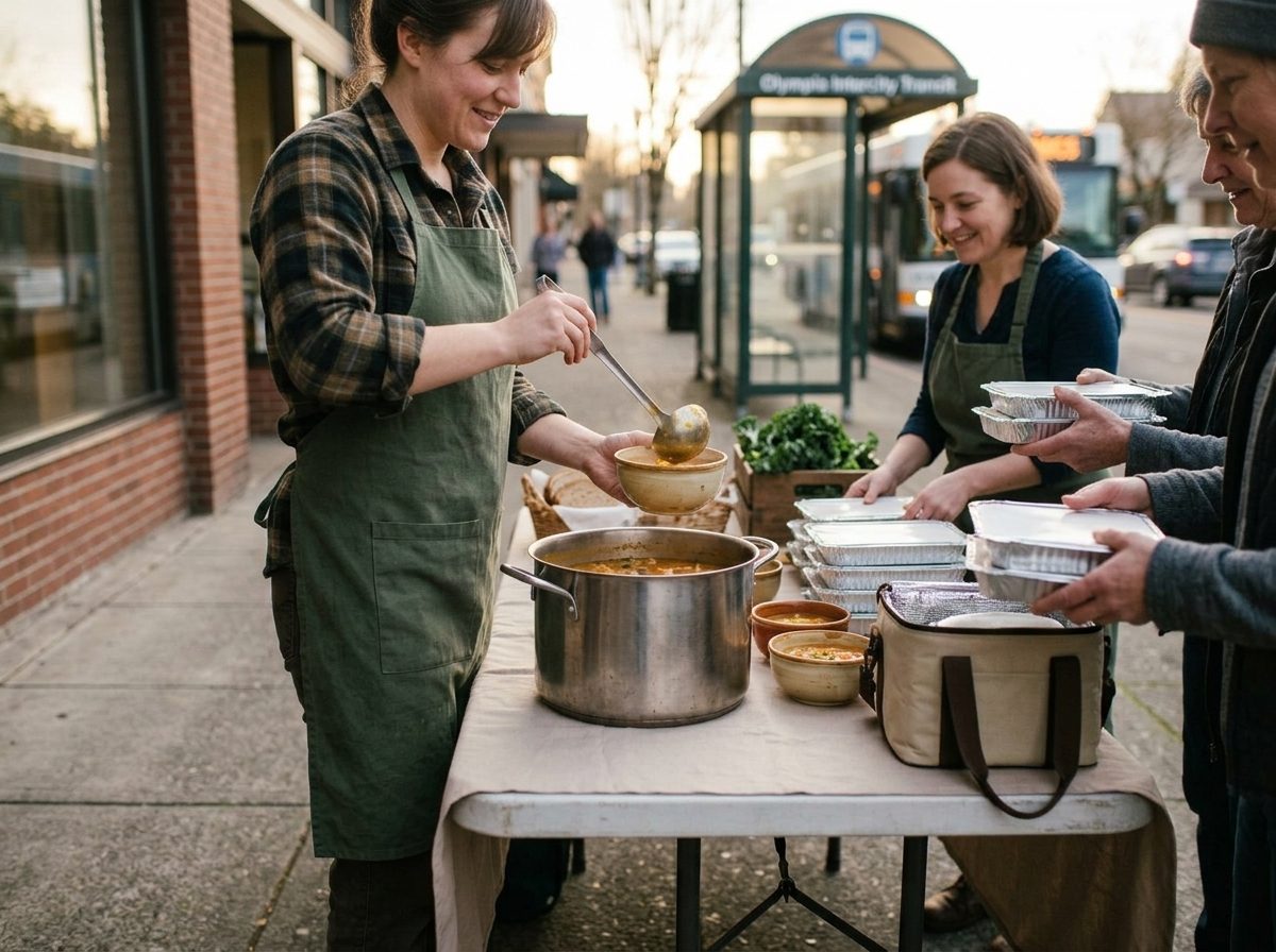 A Food Source Foundation volunteer ladling hot soup at a downtown Olympia meal table beside the transit center.
