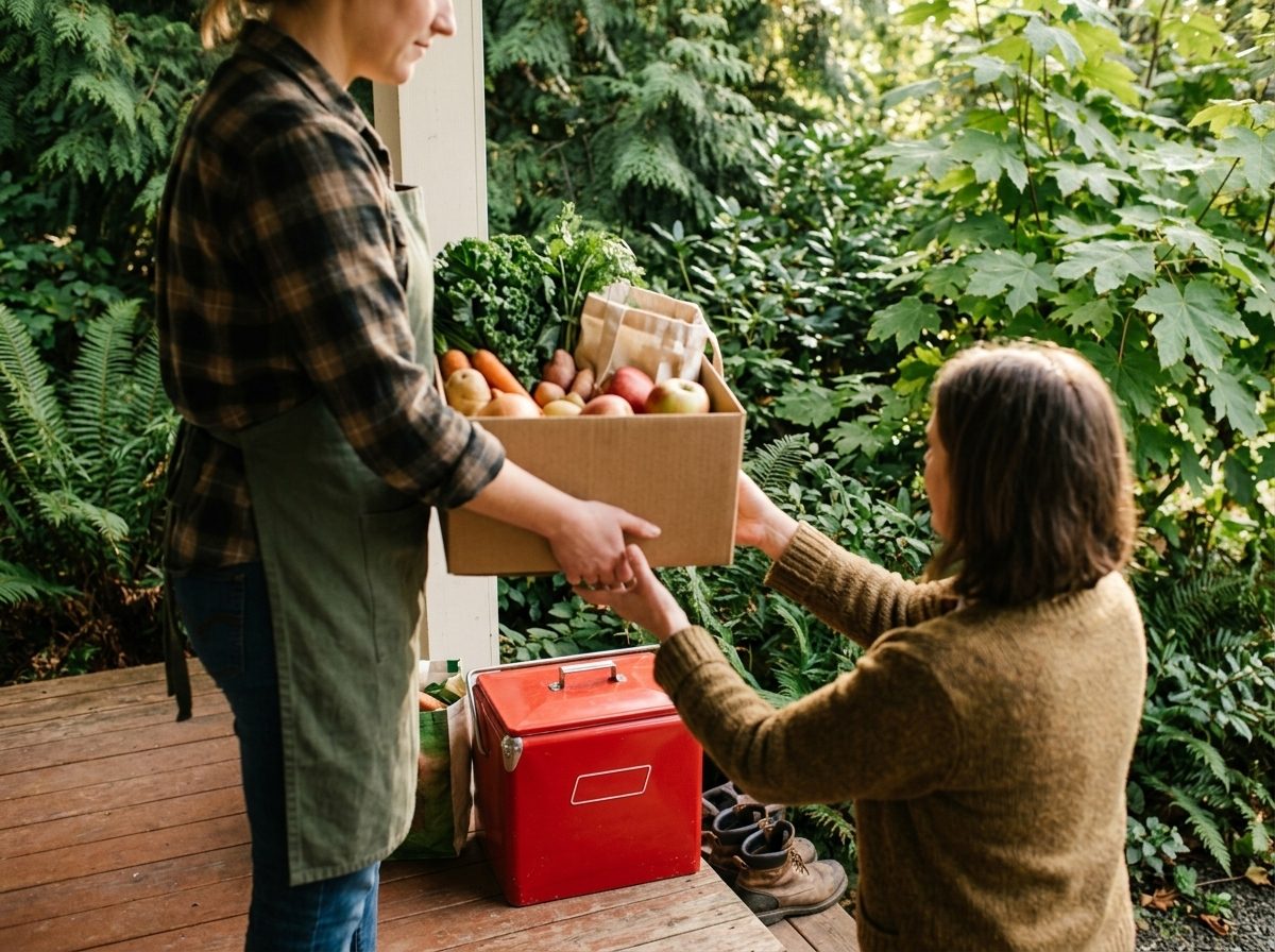 Volunteer handing a box of fresh groceries to a neighbor beside the red cooler.