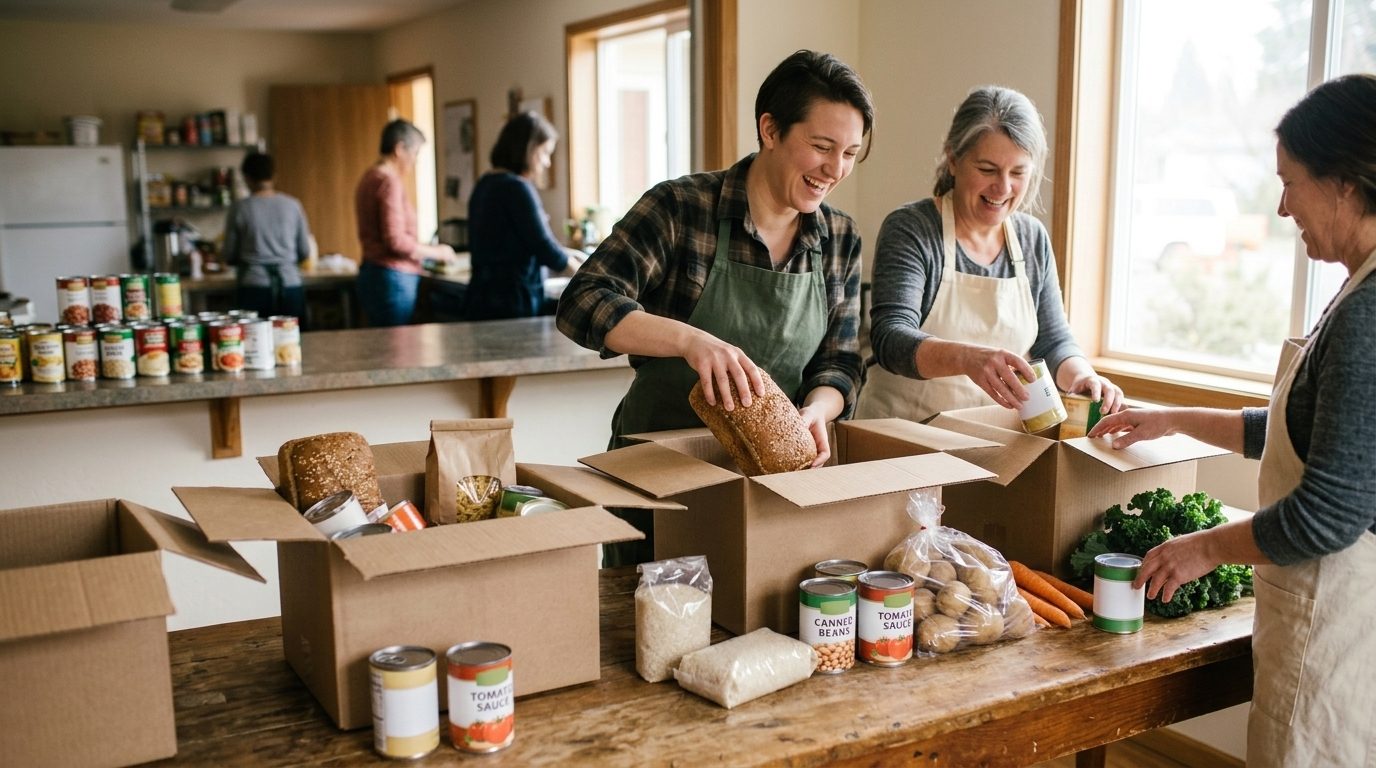 Volunteers packing grocery boxes together at a long table in a community hall.